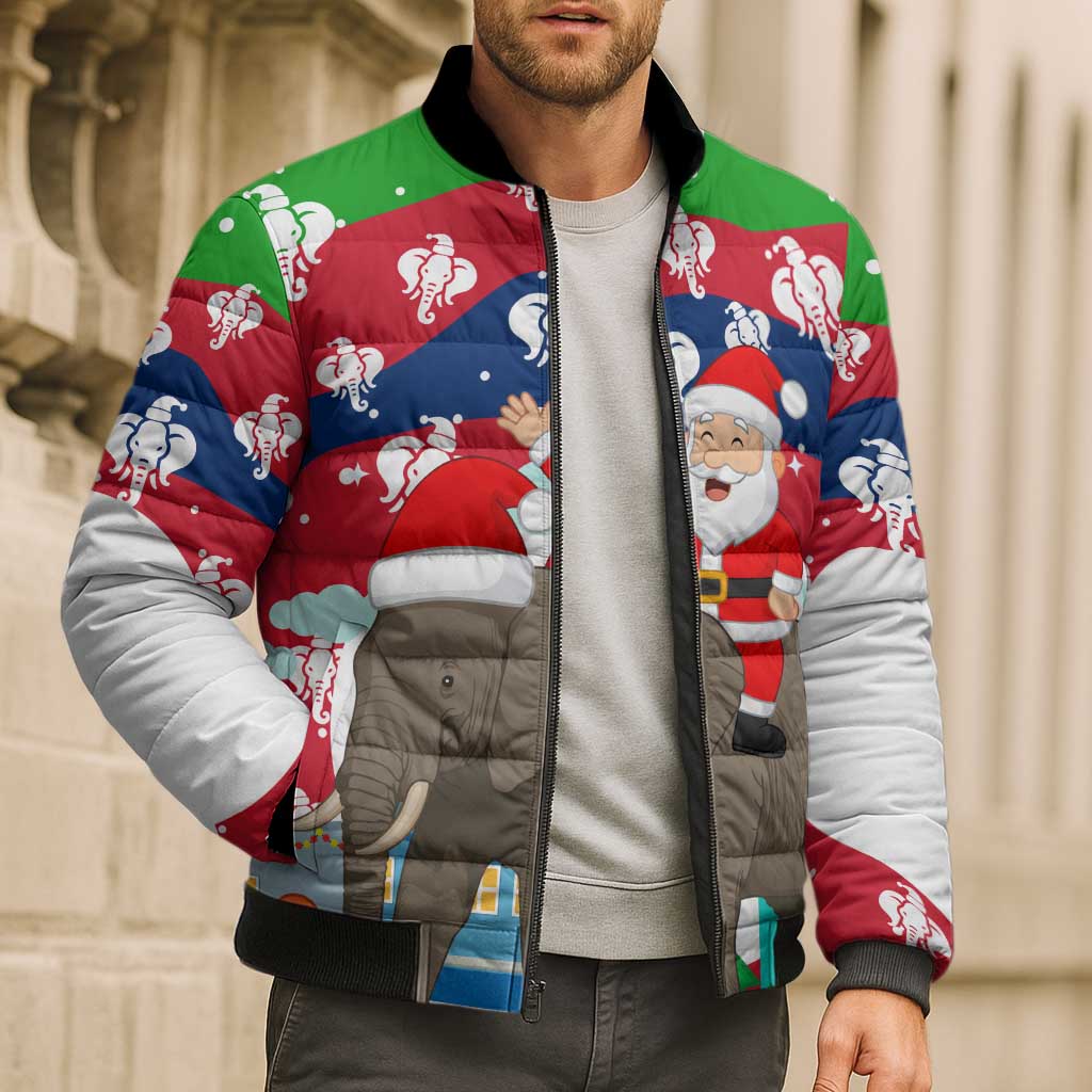 Laos Christmas Bomber Puffer Jacket with Santa Riding Elephant and Festive Flag Pattern - Wonder Print Shop