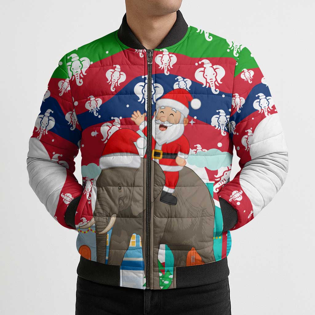 Laos Christmas Bomber Puffer Jacket with Santa Riding Elephant and Festive Flag Pattern - Wonder Print Shop