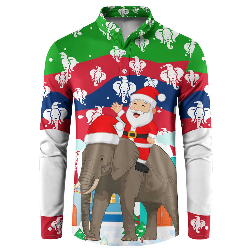 Laos Christmas Button Sweatshirt with Santa Riding Elephant and Festive Flag Pattern - Wonder Print Shop