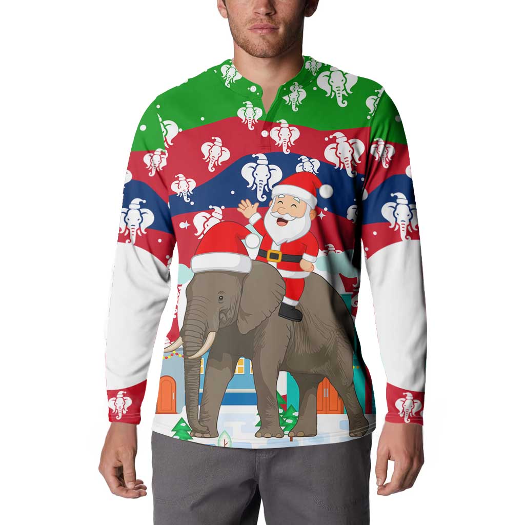 Laos Christmas Button Sweatshirt with Santa Riding Elephant and Festive Flag Pattern - Wonder Print Shop