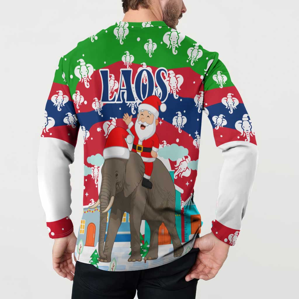 Laos Christmas Button Sweatshirt with Santa Riding Elephant and Festive Flag Pattern - Wonder Print Shop