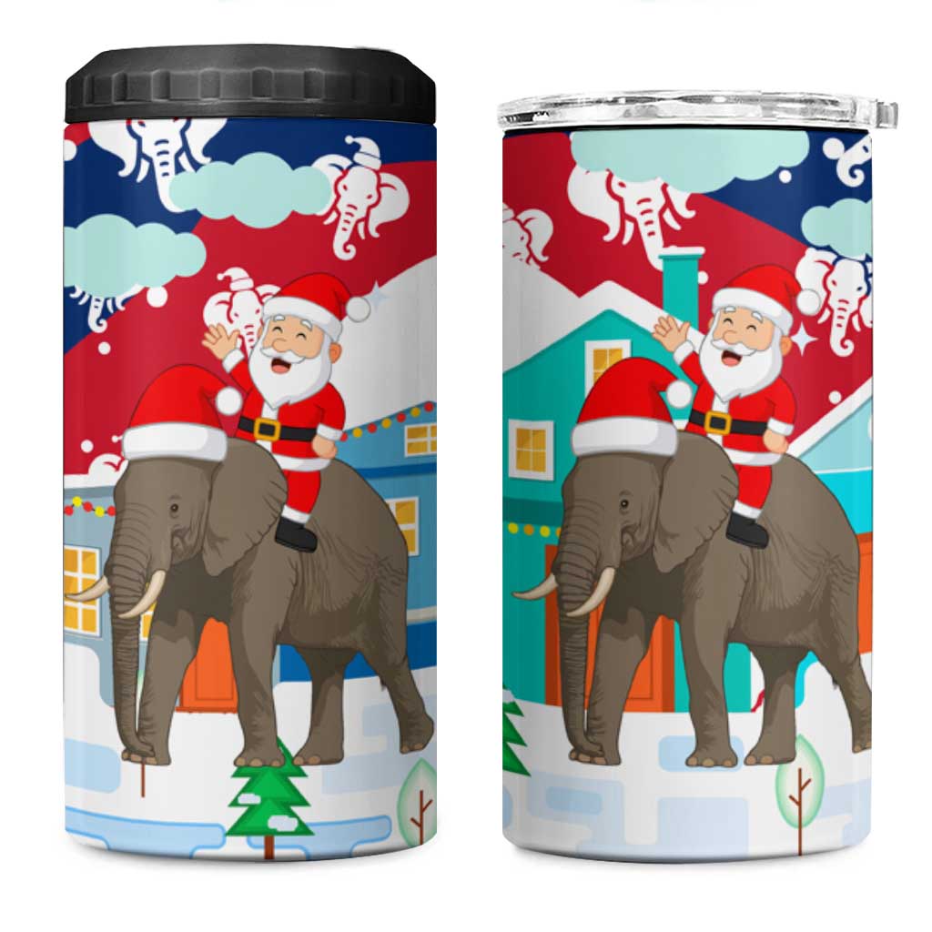 Laos Christmas 4 in 1 Can Cooler Tumbler with Santa Riding Elephant and Festive Flag Pattern - Wonder Print Shop
