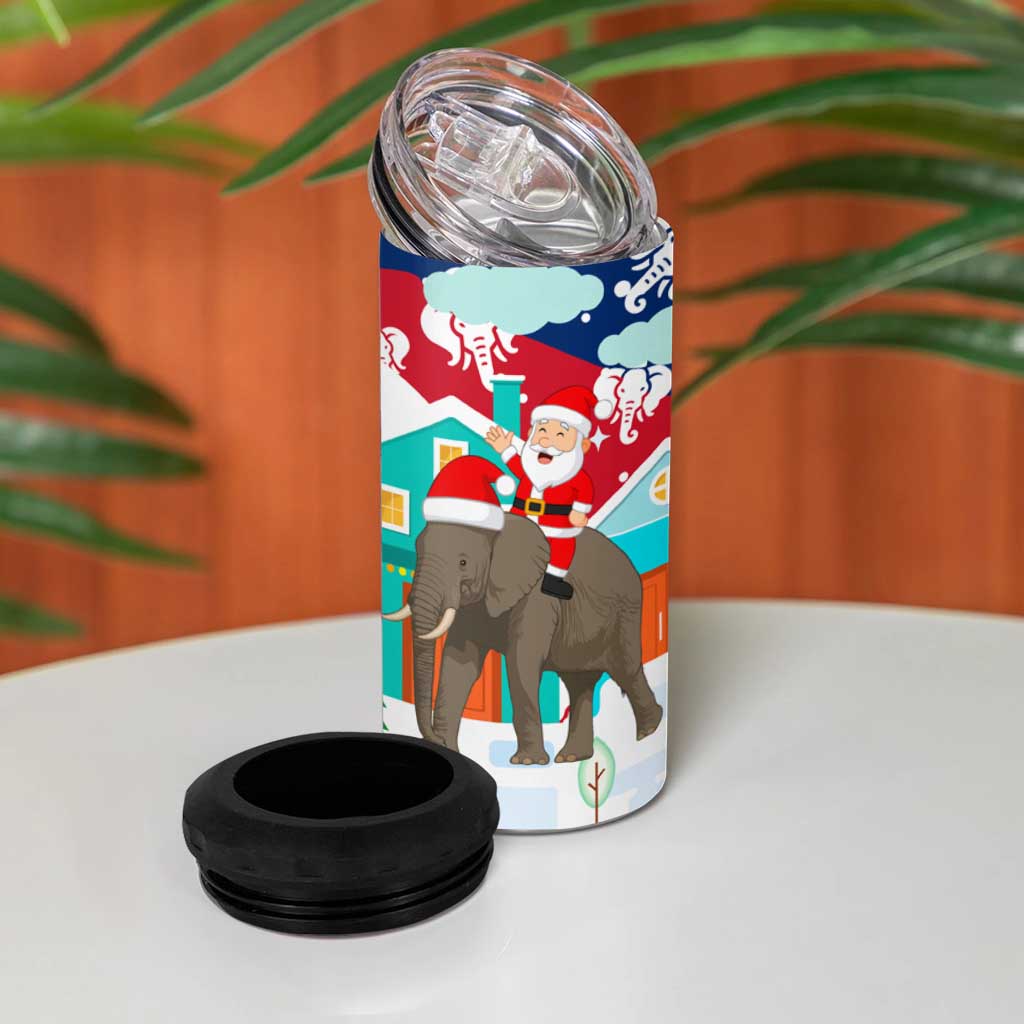 Laos Christmas 4 in 1 Can Cooler Tumbler with Santa Riding Elephant and Festive Flag Pattern - Wonder Print Shop