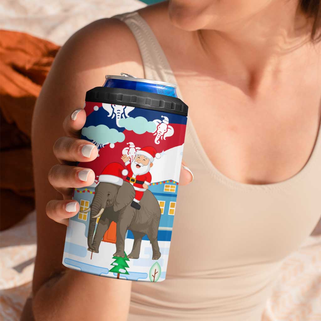 Laos Christmas 4 in 1 Can Cooler Tumbler with Santa Riding Elephant and Festive Flag Pattern - Wonder Print Shop