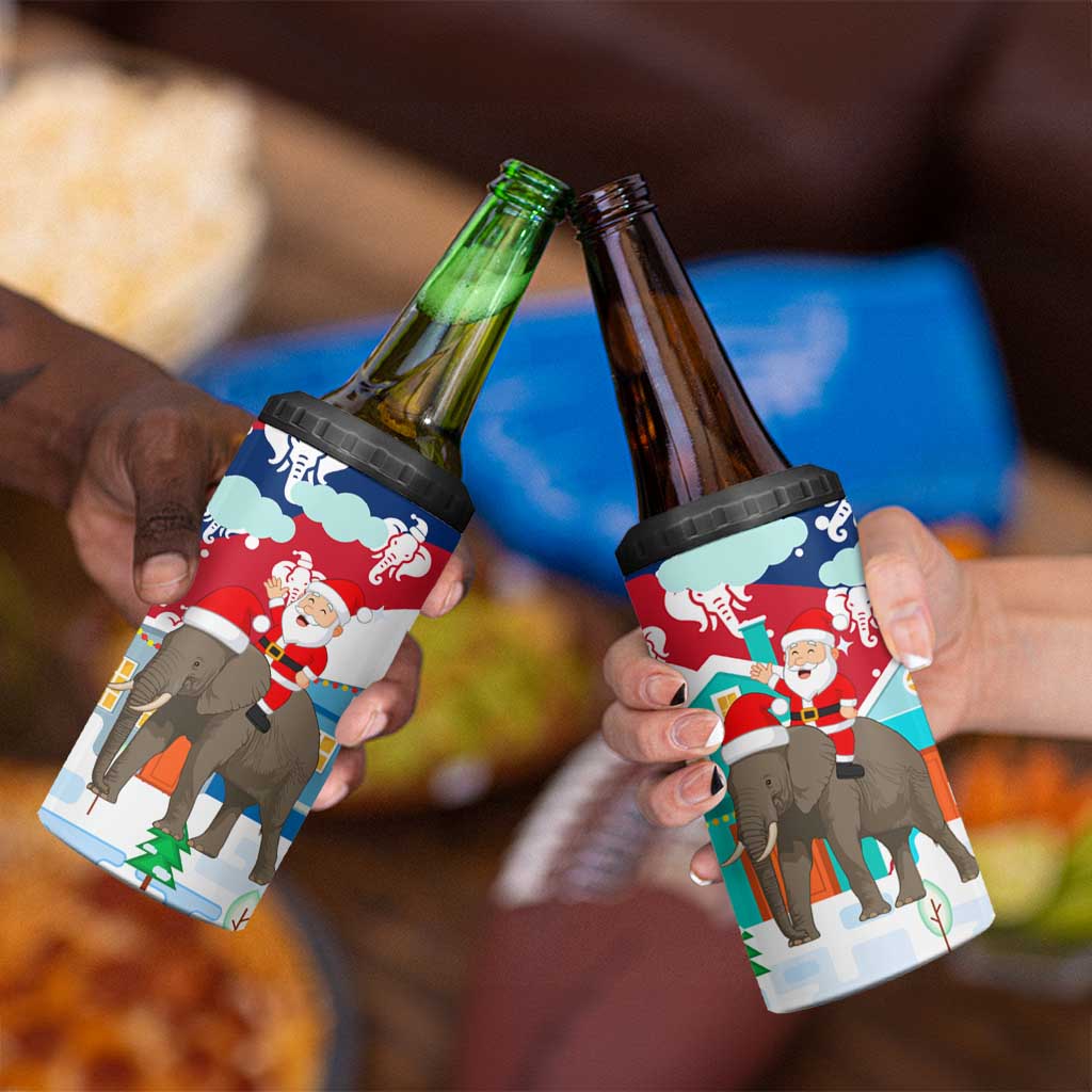 Laos Christmas 4 in 1 Can Cooler Tumbler with Santa Riding Elephant and Festive Flag Pattern - Wonder Print Shop