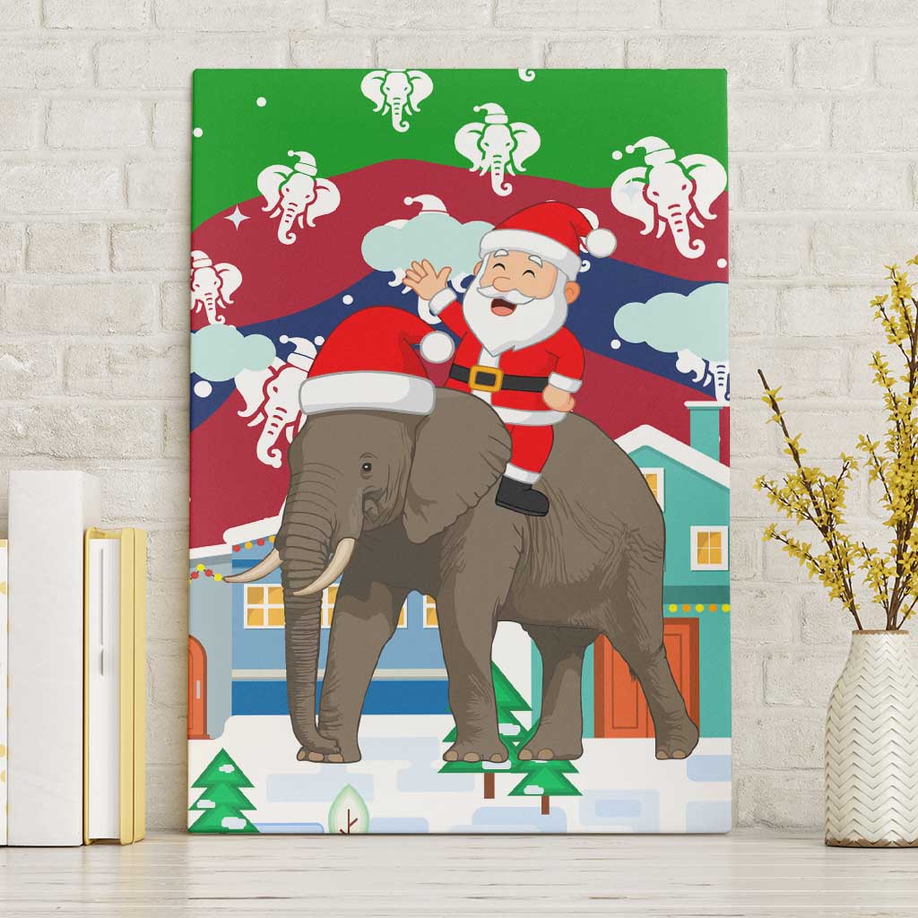 Laos Christmas Canvas Wall Art with Santa Riding Elephant and Festive Flag Pattern - Wonder Print Shop