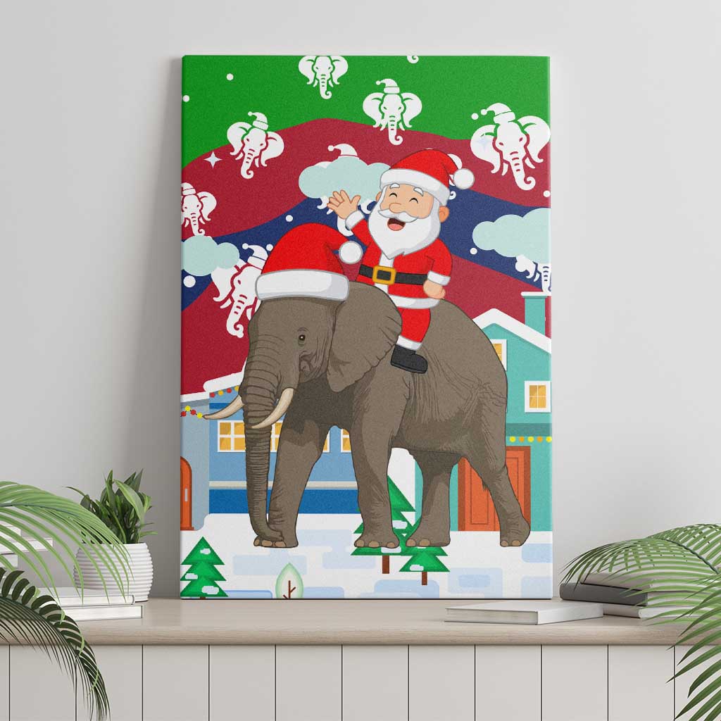 Laos Christmas Canvas Wall Art with Santa Riding Elephant and Festive Flag Pattern - Wonder Print Shop