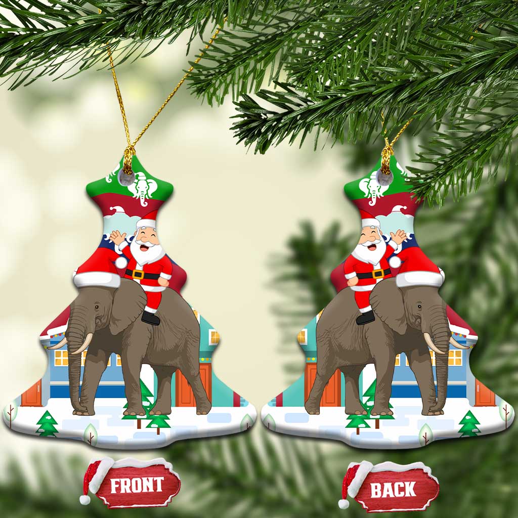 Laos Christmas Ceramic Ornament with Santa Riding Elephant and Festive Flag Pattern - Wonder Print Shop