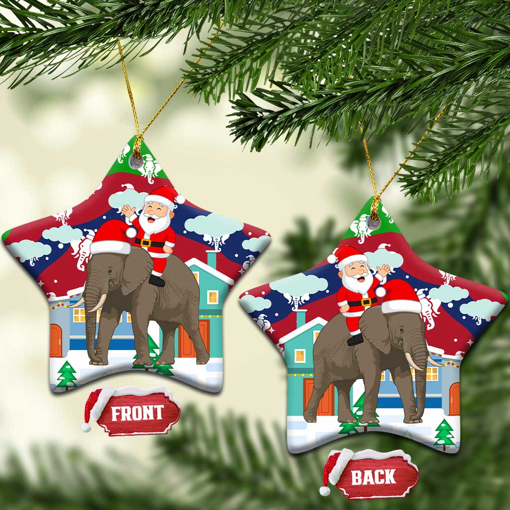 Laos Christmas Ceramic Ornament with Santa Riding Elephant and Festive Flag Pattern - Wonder Print Shop
