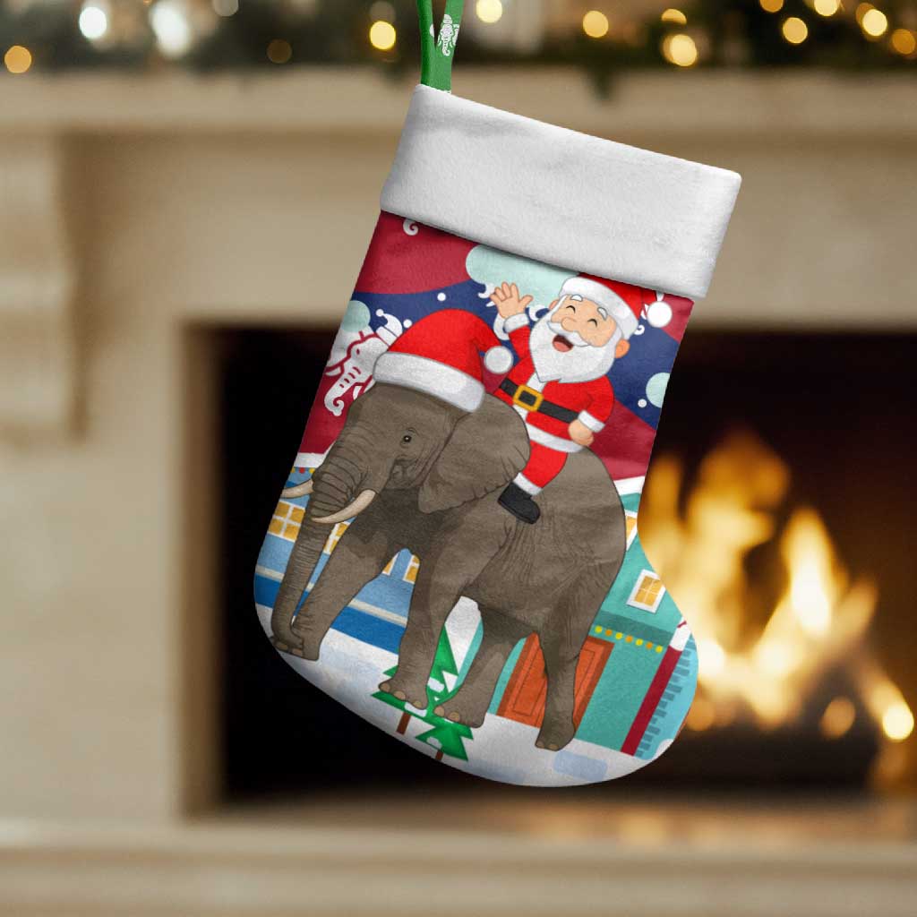 Laos Christmas Stocking with Santa Riding Elephant and Festive Flag Pattern - Wonder Print Shop