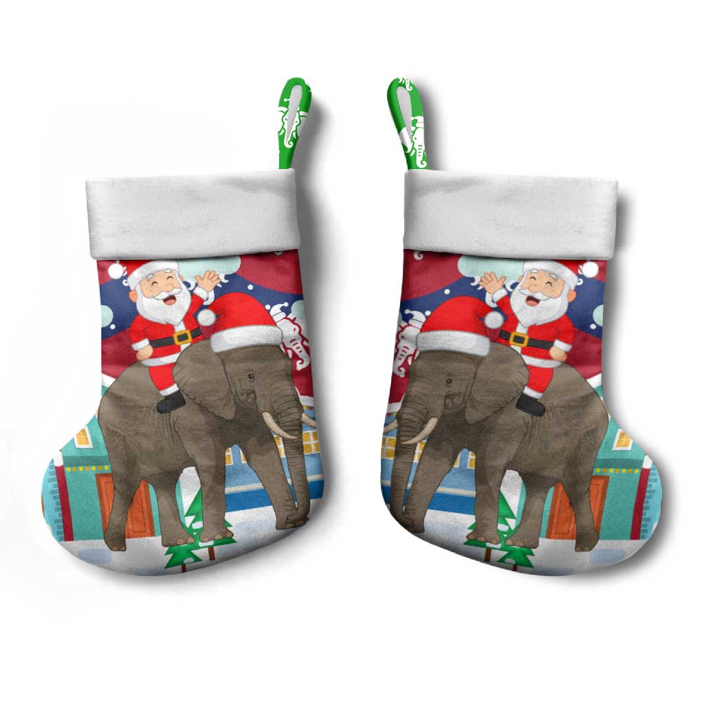 Laos Christmas Stocking with Santa Riding Elephant and Festive Flag Pattern - Wonder Print Shop