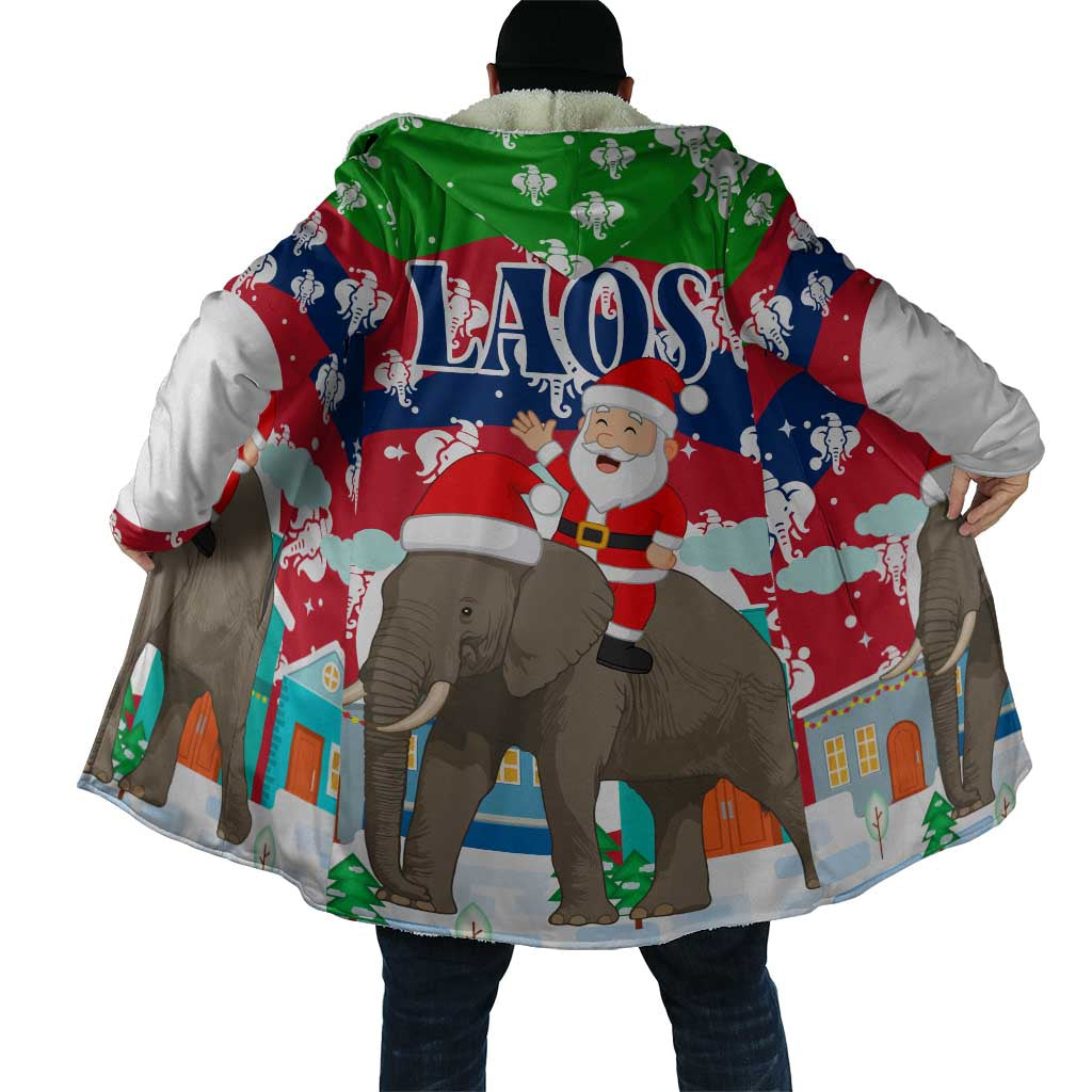 Laos Christmas Cloak with Santa Riding Elephant and Festive Flag Pattern - Wonder Print Shop