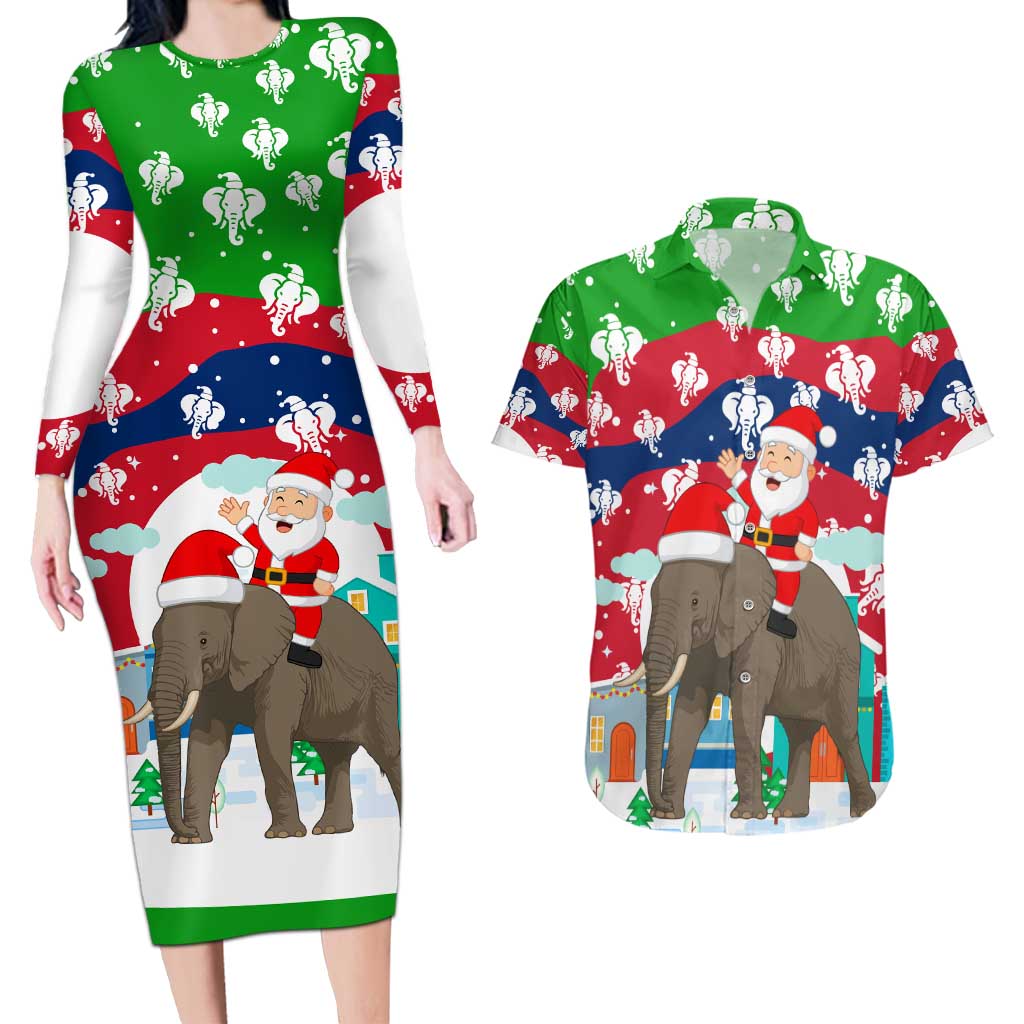 Laos Christmas Couples Matching Long Sleeve Bodycon Dress and Hawaiian Shirt with Santa Riding Elephant and Festive Flag Pattern - Wonder Print Shop