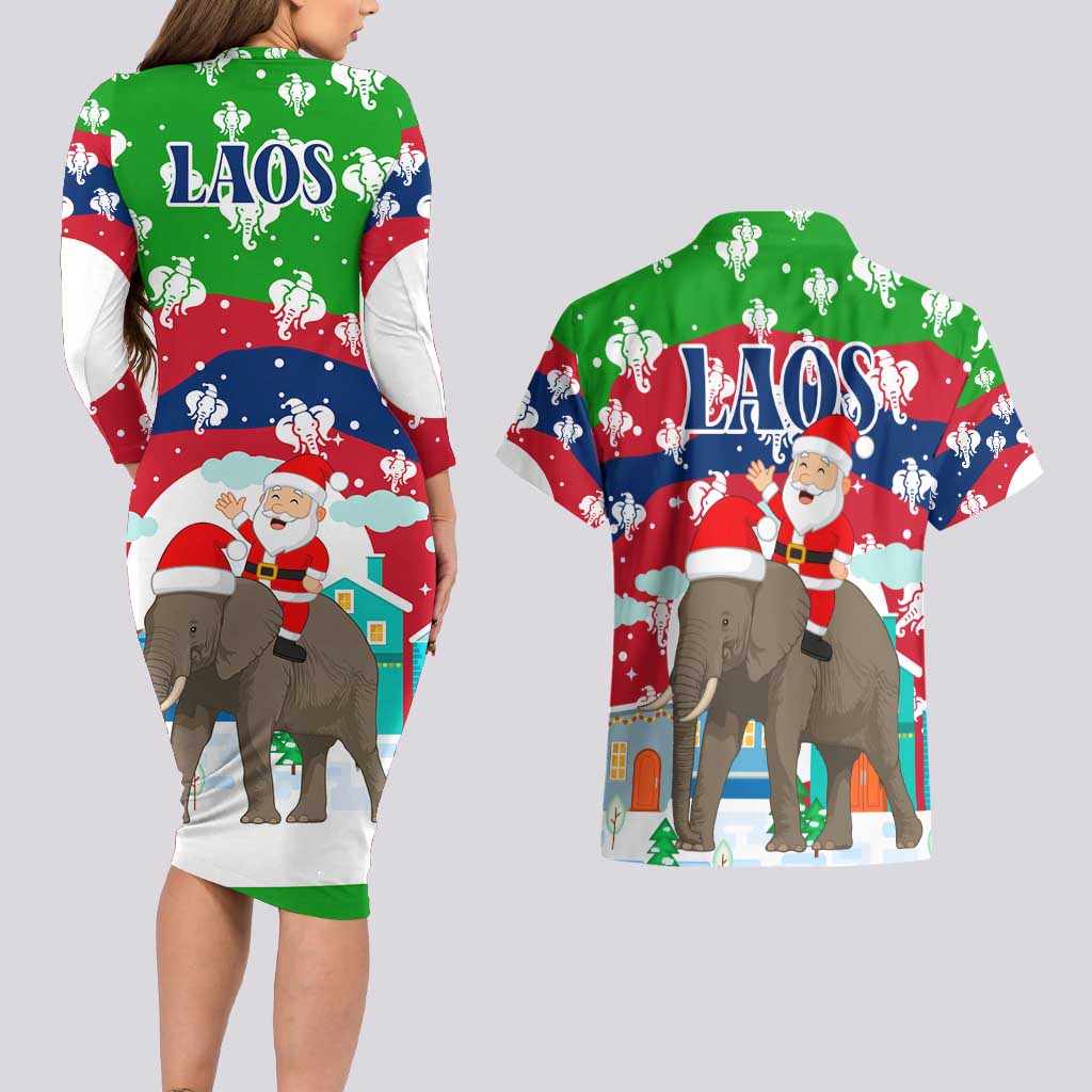 Laos Christmas Couples Matching Long Sleeve Bodycon Dress and Hawaiian Shirt with Santa Riding Elephant and Festive Flag Pattern - Wonder Print Shop