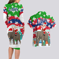 Laos Christmas Couples Matching Long Sleeve Bodycon Dress and Hawaiian Shirt with Santa Riding Elephant and Festive Flag Pattern - Wonder Print Shop