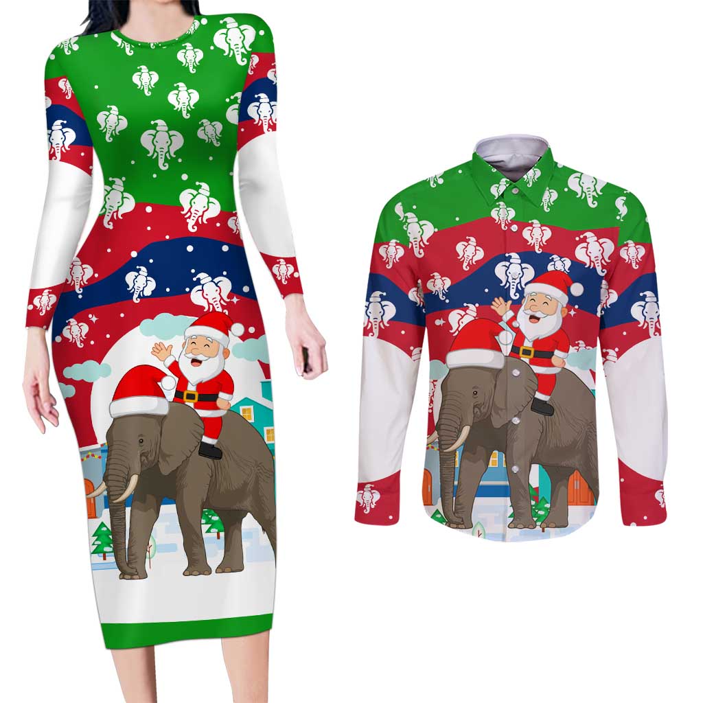 Laos Christmas Couples Matching Long Sleeve Bodycon Dress and Long Sleeve Button Shirt with Santa Riding Elephant and Festive Flag Pattern - Wonder Print Shop