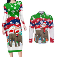 Laos Christmas Couples Matching Long Sleeve Bodycon Dress and Long Sleeve Button Shirt with Santa Riding Elephant and Festive Flag Pattern - Wonder Print Shop