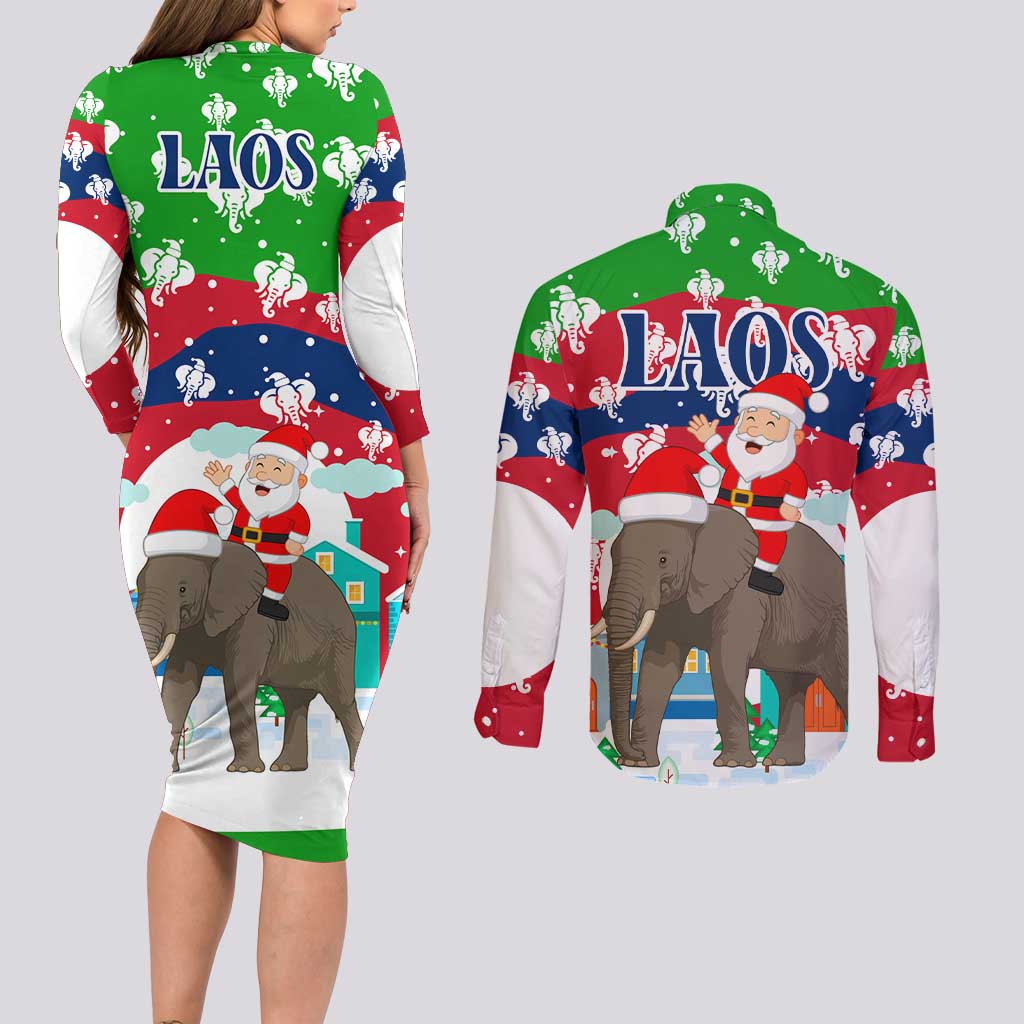 Laos Christmas Couples Matching Long Sleeve Bodycon Dress and Long Sleeve Button Shirt with Santa Riding Elephant and Festive Flag Pattern - Wonder Print Shop