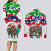 Laos Christmas Couples Matching Long Sleeve Bodycon Dress and Long Sleeve Button Shirt with Santa Riding Elephant and Festive Flag Pattern - Wonder Print Shop