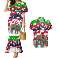 Laos Christmas Couples Matching Mermaid Dress and Hawaiian Shirt with Santa Riding Elephant and Festive Flag Pattern - Wonder Print Shop