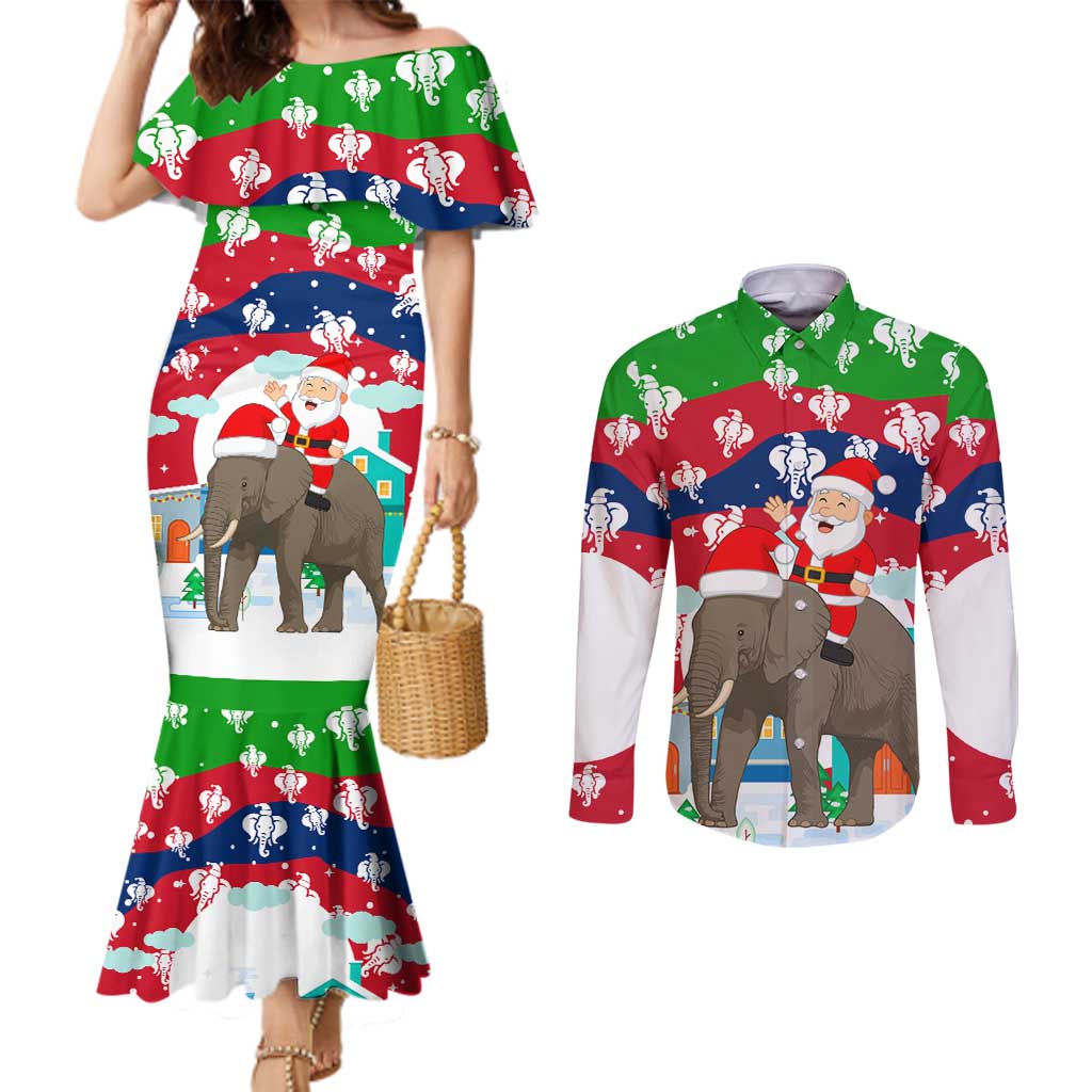 Laos Christmas Couples Matching Mermaid Dress and Long Sleeve Button Shirt with Santa Riding Elephant and Festive Flag Pattern - Wonder Print Shop