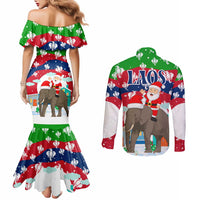 Laos Christmas Couples Matching Mermaid Dress and Long Sleeve Button Shirt with Santa Riding Elephant and Festive Flag Pattern - Wonder Print Shop