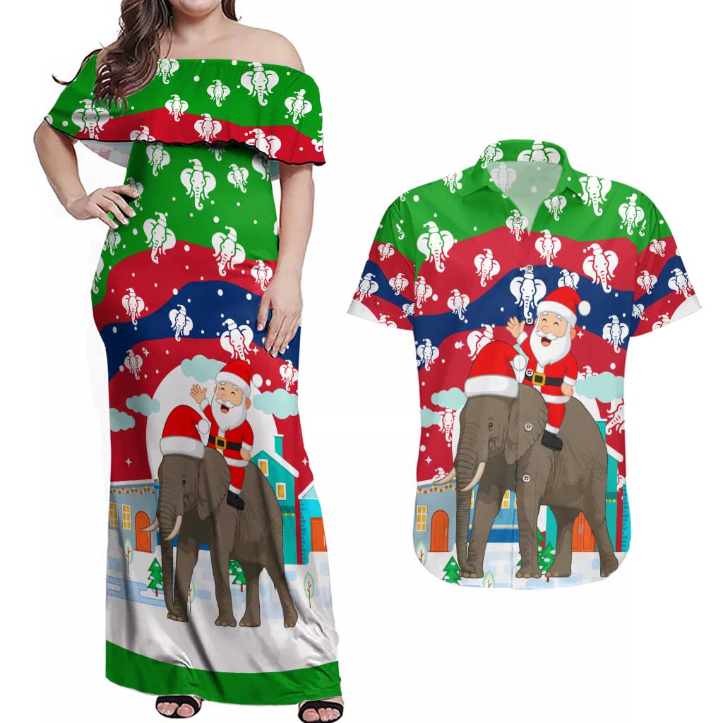 Laos Christmas Couples Matching Off Shoulder Maxi Dress and Hawaiian Shirt with Santa Riding Elephant and Festive Flag Pattern - Wonder Print Shop