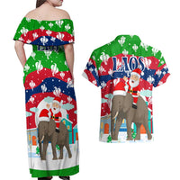 Laos Christmas Couples Matching Off Shoulder Maxi Dress and Hawaiian Shirt with Santa Riding Elephant and Festive Flag Pattern - Wonder Print Shop