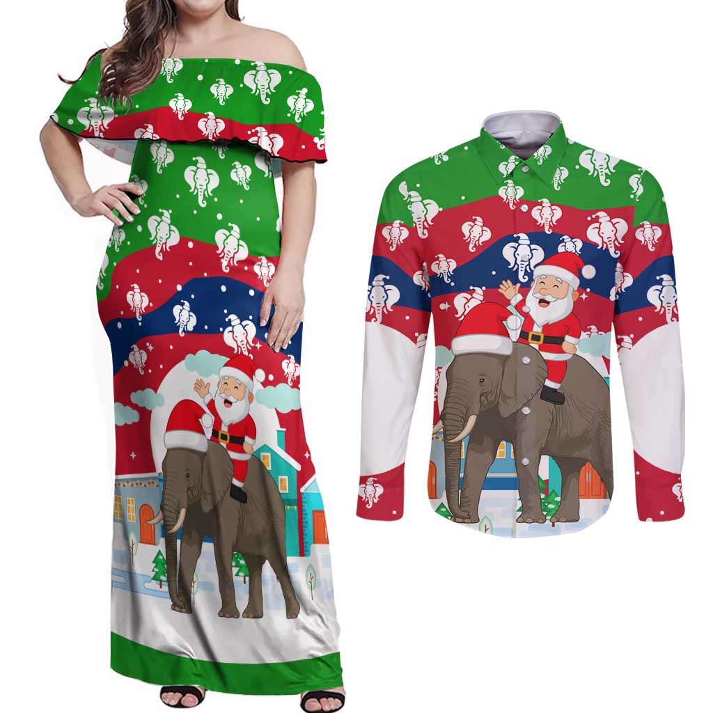 Laos Christmas Couples Matching Off Shoulder Maxi Dress and Long Sleeve Button Shirt with Santa Riding Elephant and Festive Flag Pattern - Wonder Print Shop