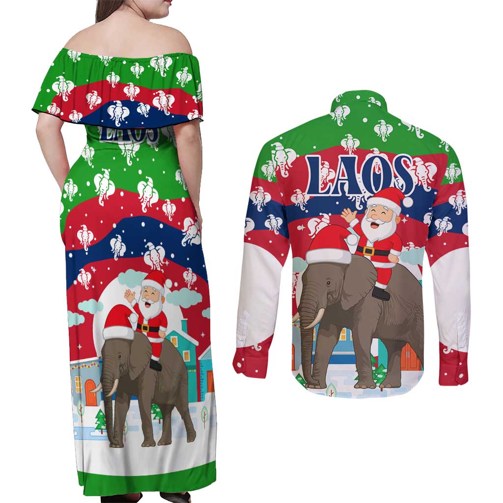 Laos Christmas Couples Matching Off Shoulder Maxi Dress and Long Sleeve Button Shirt with Santa Riding Elephant and Festive Flag Pattern - Wonder Print Shop