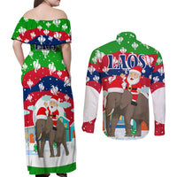Laos Christmas Couples Matching Off Shoulder Maxi Dress and Long Sleeve Button Shirt with Santa Riding Elephant and Festive Flag Pattern - Wonder Print Shop
