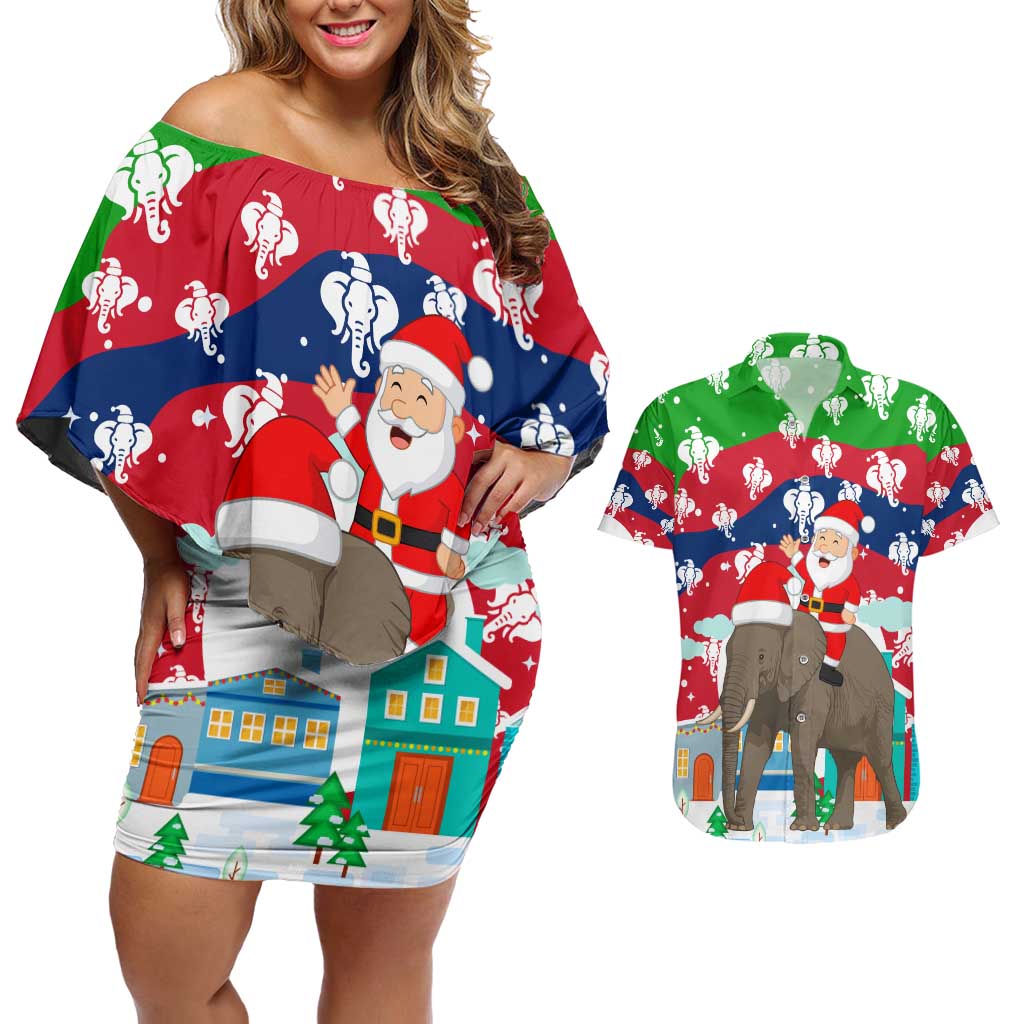 Laos Christmas Couples Matching Off Shoulder Short Dress and Hawaiian Shirt with Santa Riding Elephant and Festive Flag Pattern - Wonder Print Shop