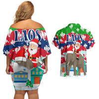 Laos Christmas Couples Matching Off Shoulder Short Dress and Hawaiian Shirt with Santa Riding Elephant and Festive Flag Pattern - Wonder Print Shop