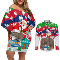 Laos Christmas Couples Matching Off Shoulder Short Dress and Long Sleeve Button Shirt with Santa Riding Elephant and Festive Flag Pattern - Wonder Print Shop