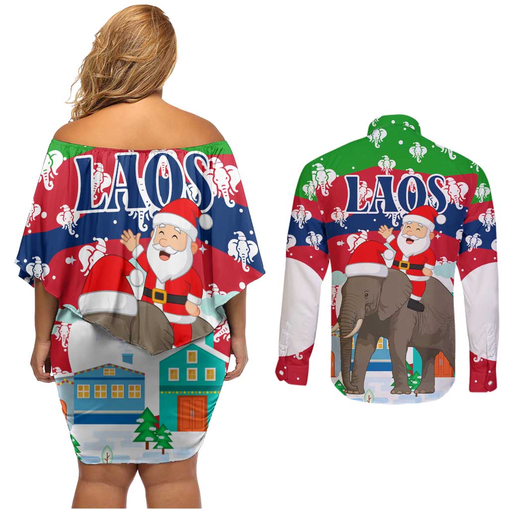 Laos Christmas Couples Matching Off Shoulder Short Dress and Long Sleeve Button Shirt with Santa Riding Elephant and Festive Flag Pattern - Wonder Print Shop