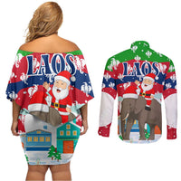 Laos Christmas Couples Matching Off Shoulder Short Dress and Long Sleeve Button Shirt with Santa Riding Elephant and Festive Flag Pattern - Wonder Print Shop