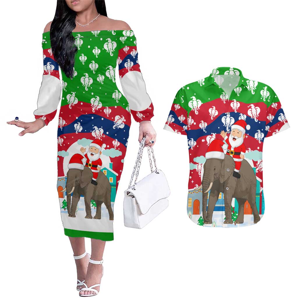 Laos Christmas Couples Matching Off The Shoulder Long Sleeve Dress and Hawaiian Shirt with Santa Riding Elephant and Festive Flag Pattern - Wonder Print Shop