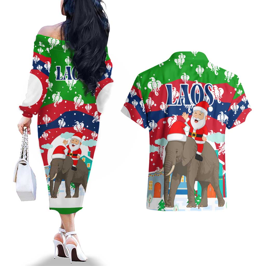 Laos Christmas Couples Matching Off The Shoulder Long Sleeve Dress and Hawaiian Shirt with Santa Riding Elephant and Festive Flag Pattern - Wonder Print Shop