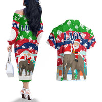 Laos Christmas Couples Matching Off The Shoulder Long Sleeve Dress and Hawaiian Shirt with Santa Riding Elephant and Festive Flag Pattern - Wonder Print Shop