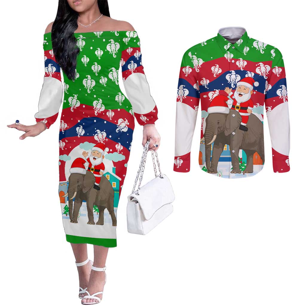 Laos Christmas Couples Matching Off The Shoulder Long Sleeve Dress and Long Sleeve Button Shirt with Santa Riding Elephant and Festive Flag Pattern - undefined