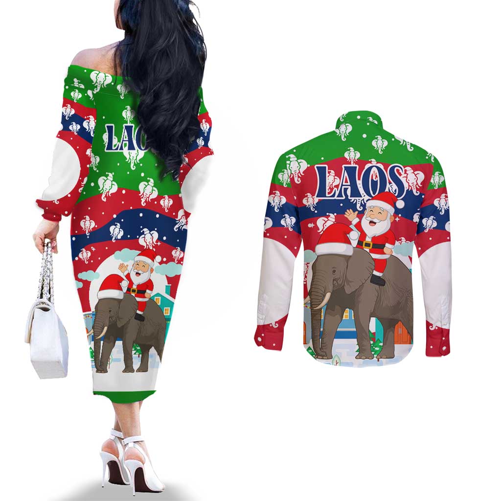 Laos Christmas Couples Matching Off The Shoulder Long Sleeve Dress and Long Sleeve Button Shirt with Santa Riding Elephant and Festive Flag Pattern - undefined
