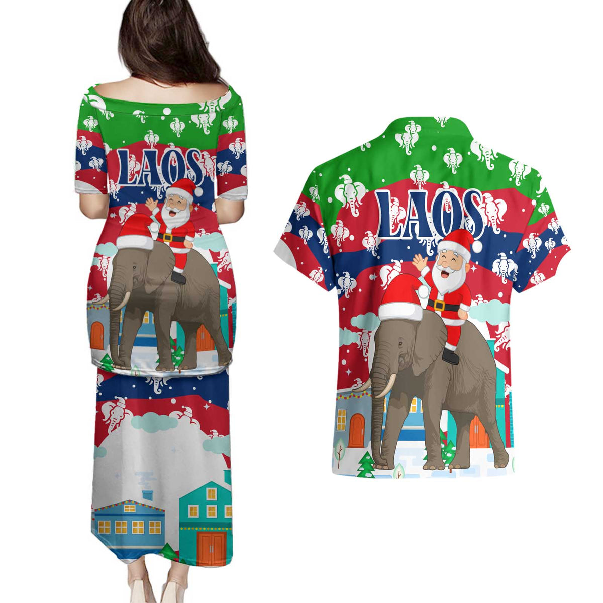 Laos Christmas Couples Matching Puletasi and Hawaiian Shirt with Santa Riding Elephant and Festive Flag Pattern - Wonder Print Shop
