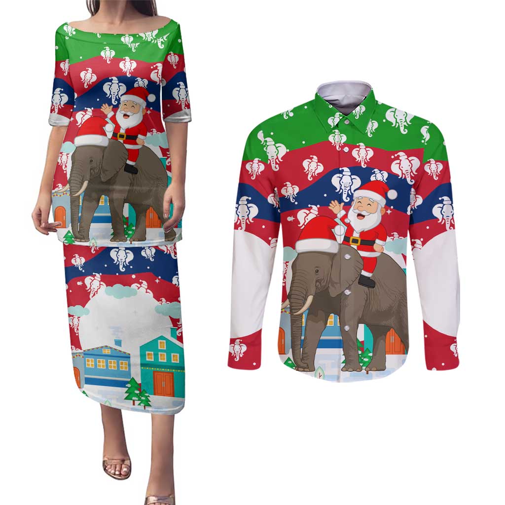 Laos Christmas Couples Matching Puletasi and Long Sleeve Button Shirt with Santa Riding Elephant and Festive Flag Pattern - Wonder Print Shop