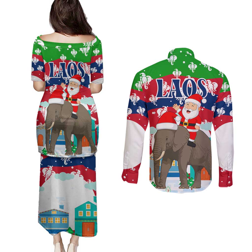 Laos Christmas Couples Matching Puletasi and Long Sleeve Button Shirt with Santa Riding Elephant and Festive Flag Pattern - Wonder Print Shop