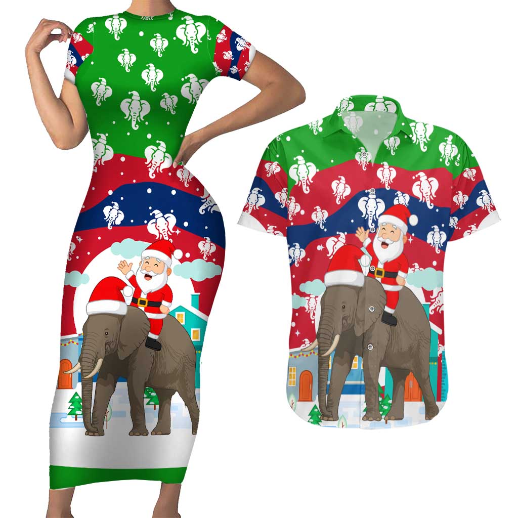 Laos Christmas Couples Matching Short Sleeve Bodycon Dress and Hawaiian Shirt with Santa Riding Elephant and Festive Flag Pattern - Wonder Print Shop