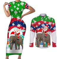 Laos Christmas Couples Matching Short Sleeve Bodycon Dress and Long Sleeve Button Shirt with Santa Riding Elephant and Festive Flag Pattern - Wonder Print Shop