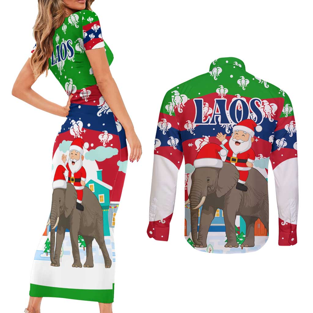 Laos Christmas Couples Matching Short Sleeve Bodycon Dress and Long Sleeve Button Shirt with Santa Riding Elephant and Festive Flag Pattern - Wonder Print Shop