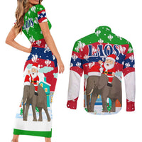 Laos Christmas Couples Matching Short Sleeve Bodycon Dress and Long Sleeve Button Shirt with Santa Riding Elephant and Festive Flag Pattern - Wonder Print Shop