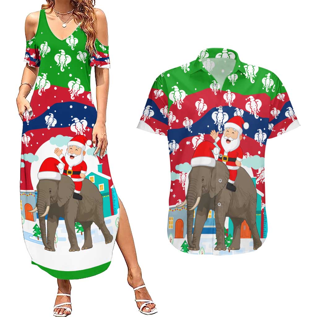 Laos Christmas Couples Matching Summer Maxi Dress and Hawaiian Shirt with Santa Riding Elephant and Festive Flag Pattern - Wonder Print Shop