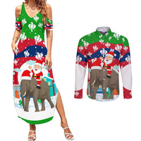 Laos Christmas Couples Matching Summer Maxi Dress and Long Sleeve Button Shirt with Santa Riding Elephant and Festive Flag Pattern - Wonder Print Shop